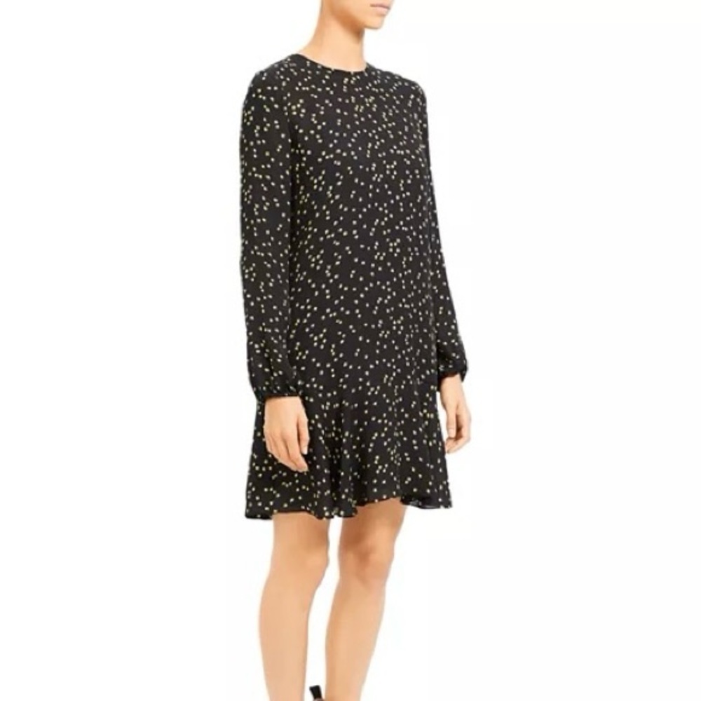 Theory Silk Star Print Shift Flounce Hem Long Sleeve Dress Size 10 - Picture 3 of 10